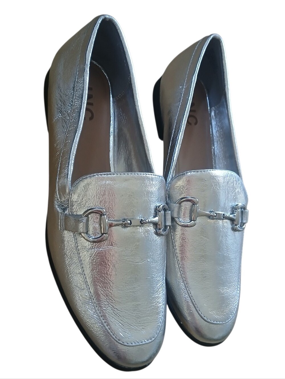 INC Silver Metallic Vegan Leather Slip-On Loafers with Horse-bit Round Toe 8.5